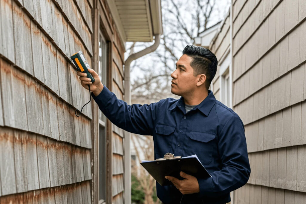 Home inspector checking house structure during a property inspection