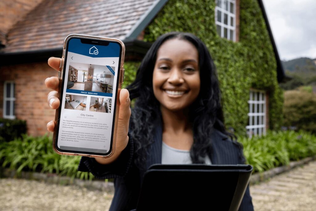 Social media on phone with real estate listings